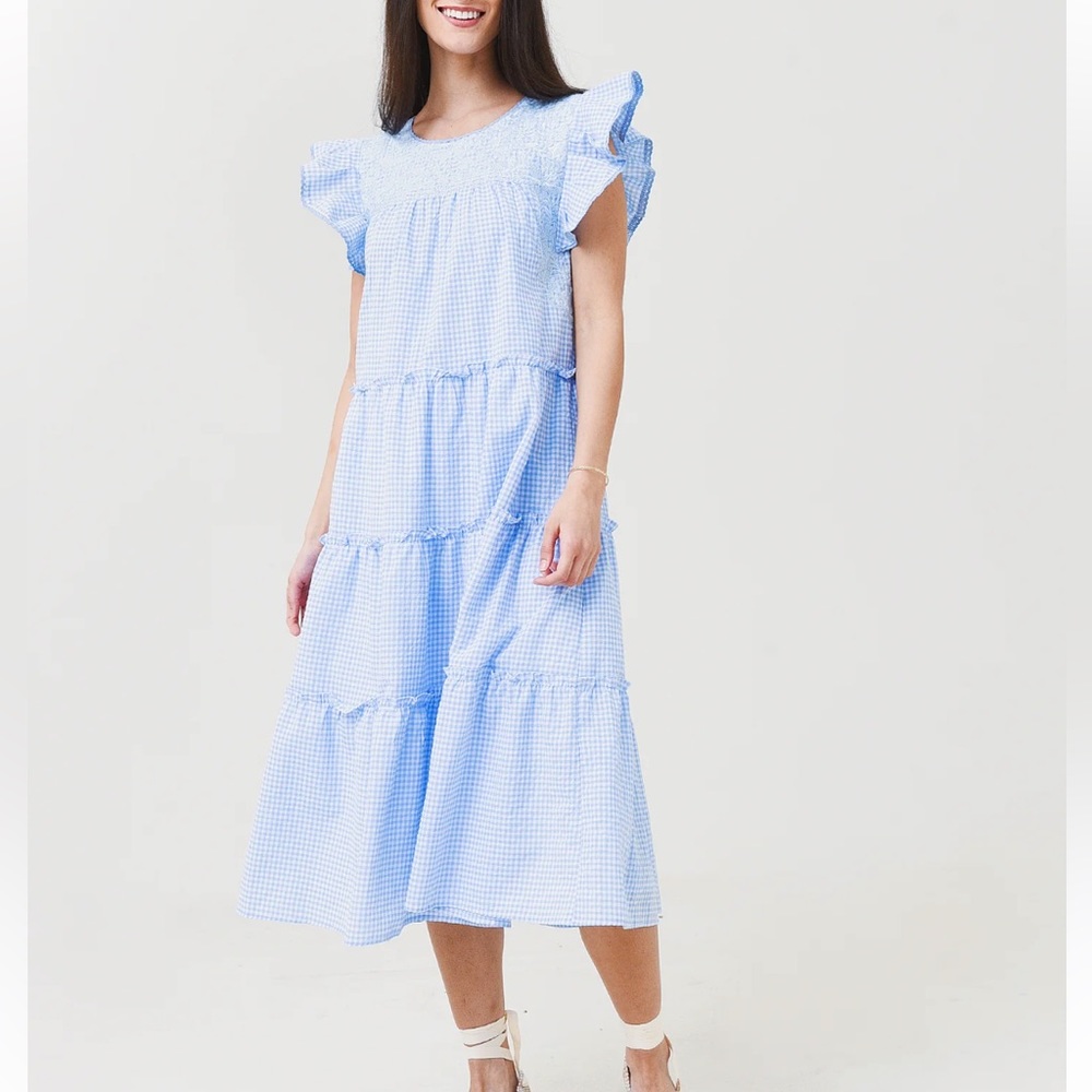 J Marie Blue Gingham Embroidered Midi Dress